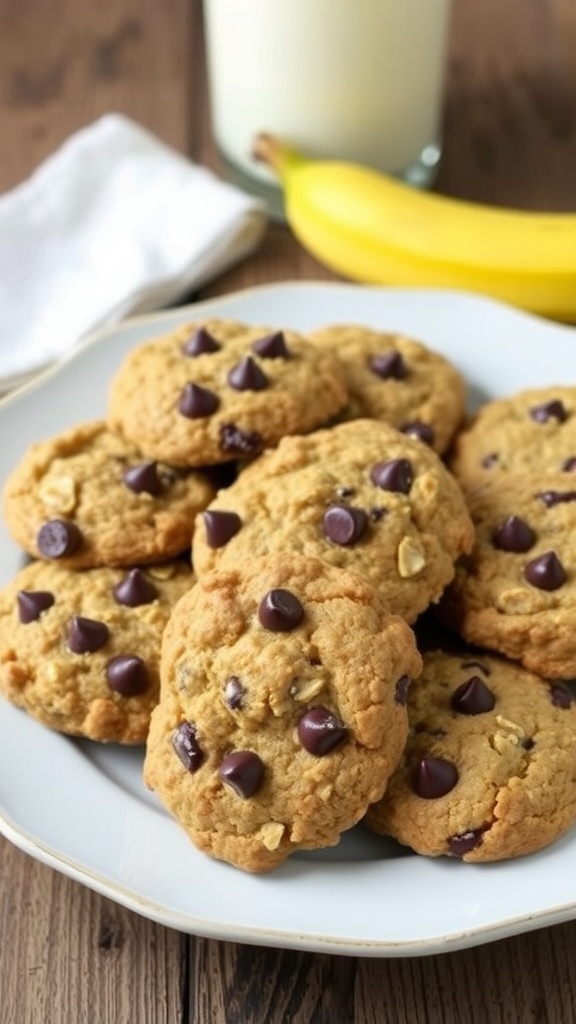 A plate of banana oatmeal cookies with chocolate chips on a wooden table next to a banana and a glass of milk.